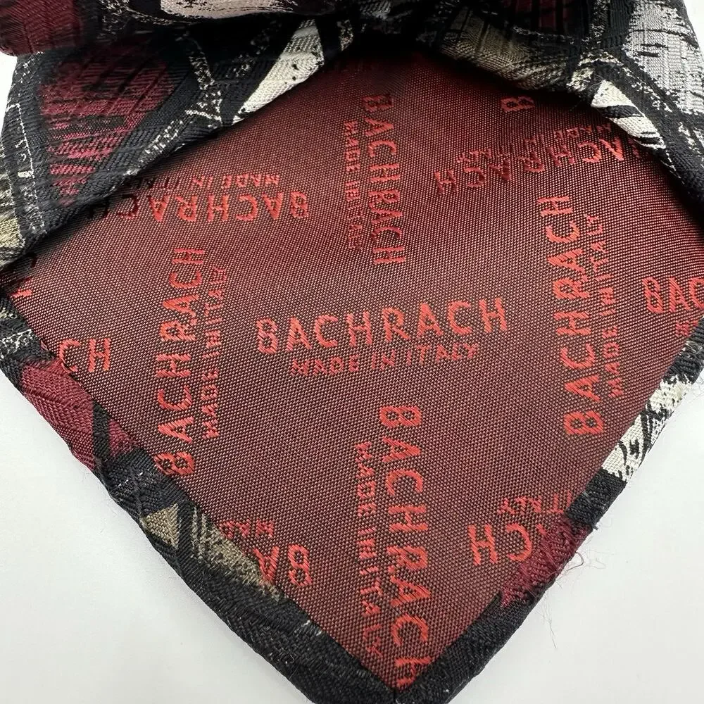 Bachrach‎ Tie Made In Italy 100% Silk Geometric Diamond Red Gray Black